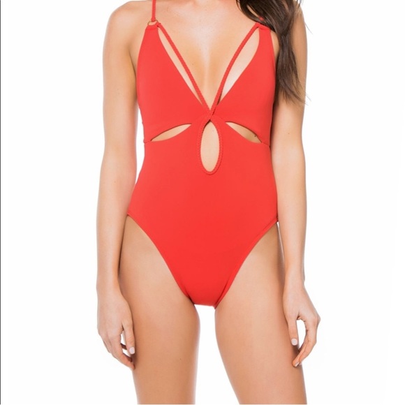 Robin Piccone Ava Braided Cut Out One Piece Swimsuit Fiery Red Size 8 - Picture 1 of 10
